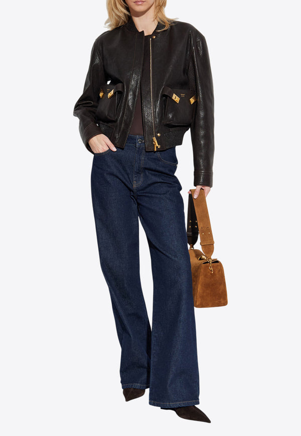 Ferragamo Cropped Leather Bomber Jacket Brown 13H644 B 788386-EXPRESSO