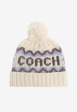Coach Logo Intarsia Knitted Pom Pom Beanie Cream 29CCL51 0-CAH
