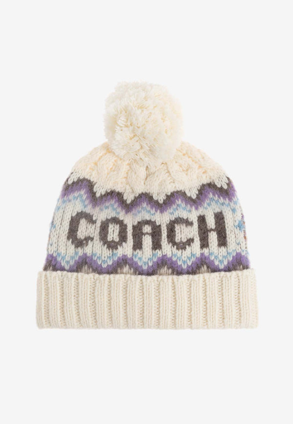 Coach Logo Intarsia Knitted Pom Pom Beanie Cream 29CCL51 0-CAH