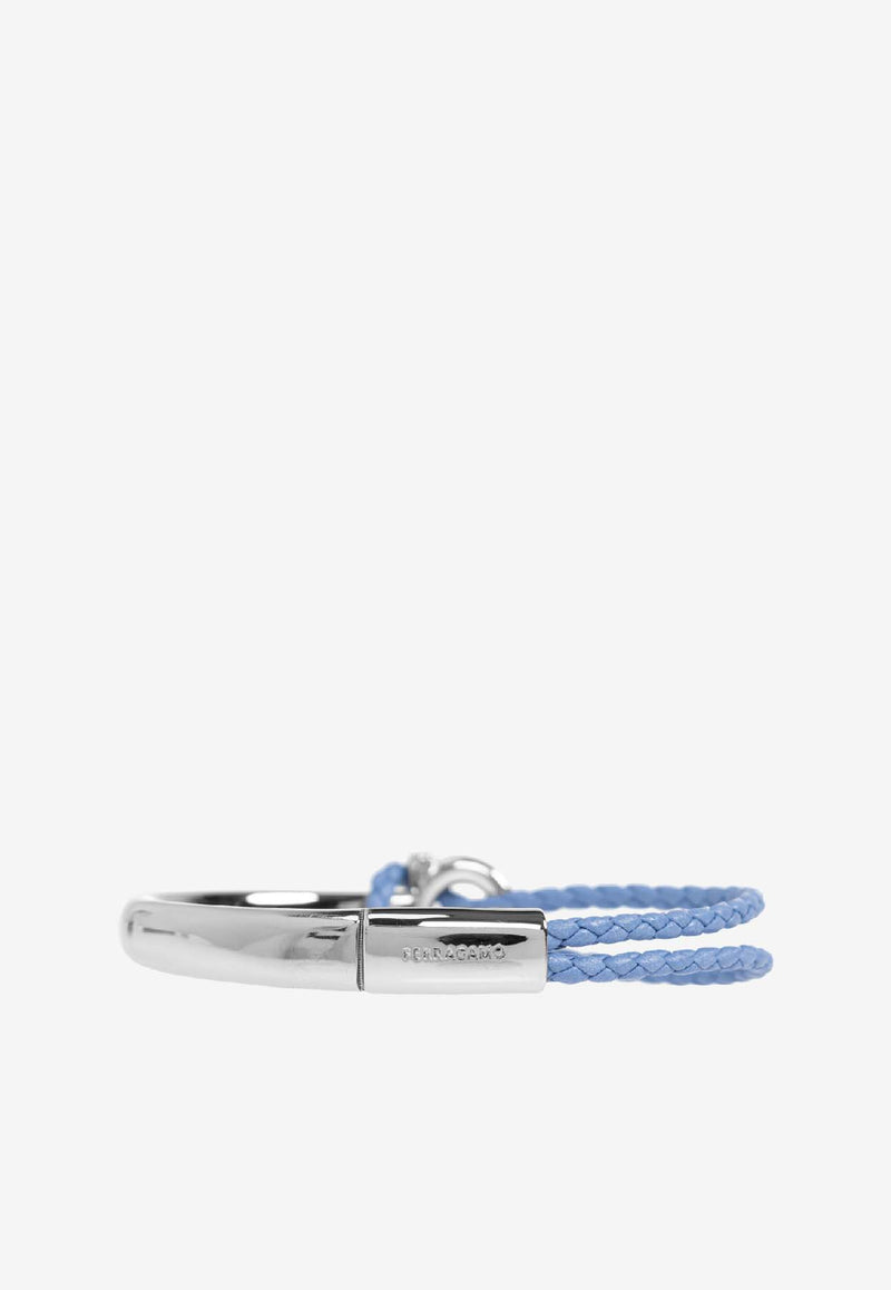 Ferragamo Leather and Brass Bracelet with Logo  Light Blue 770390 BR NODO AMOR 785649-PLD BLUETTE