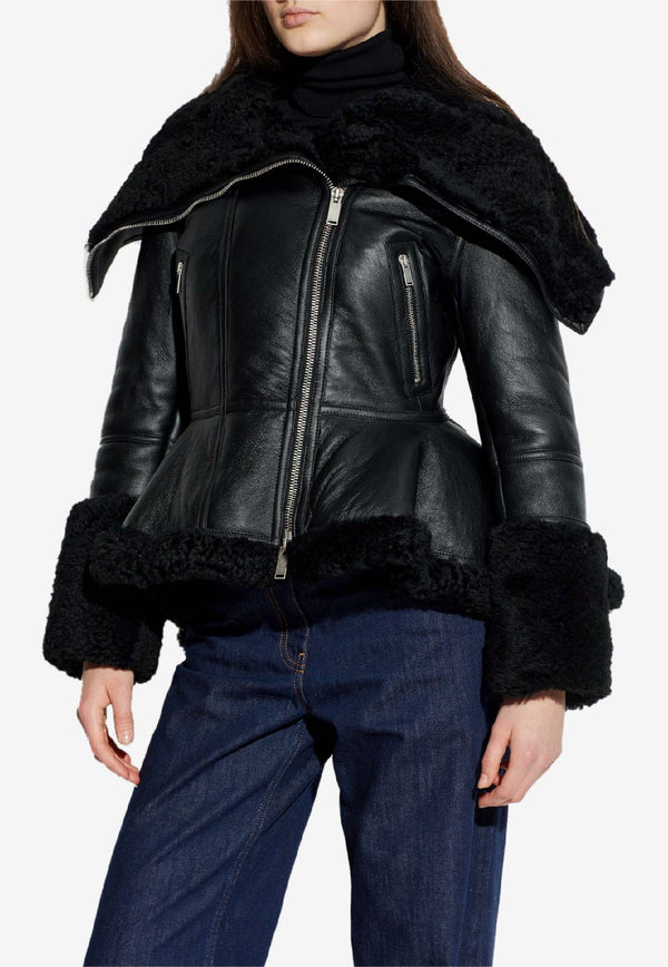 Alexander McQueen Shearling-Trimmed Leather Zip-Up Jacket Black 848222 Q5AP6-1000