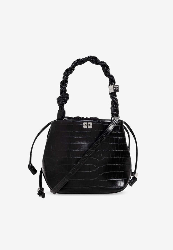 GANNI Bou Croc-Embossed Leather Bucket Bag Black A6965 5894-099