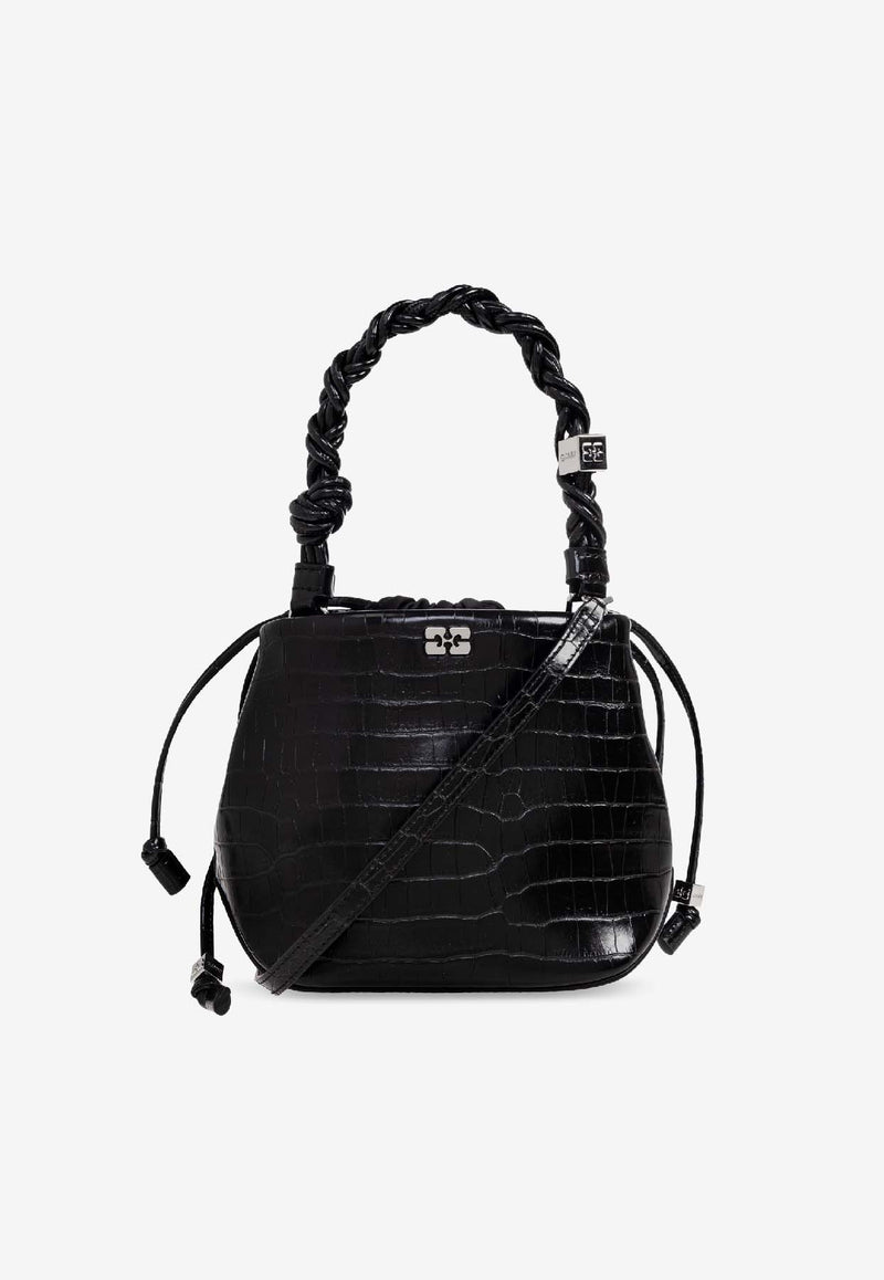 GANNI Bou Croc-Embossed Leather Bucket Bag Black A6965 5894-099