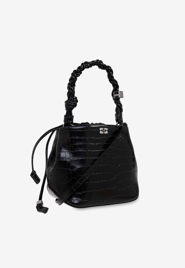 GANNI Bou Croc-Embossed Leather Bucket Bag Black A6965 5894-099