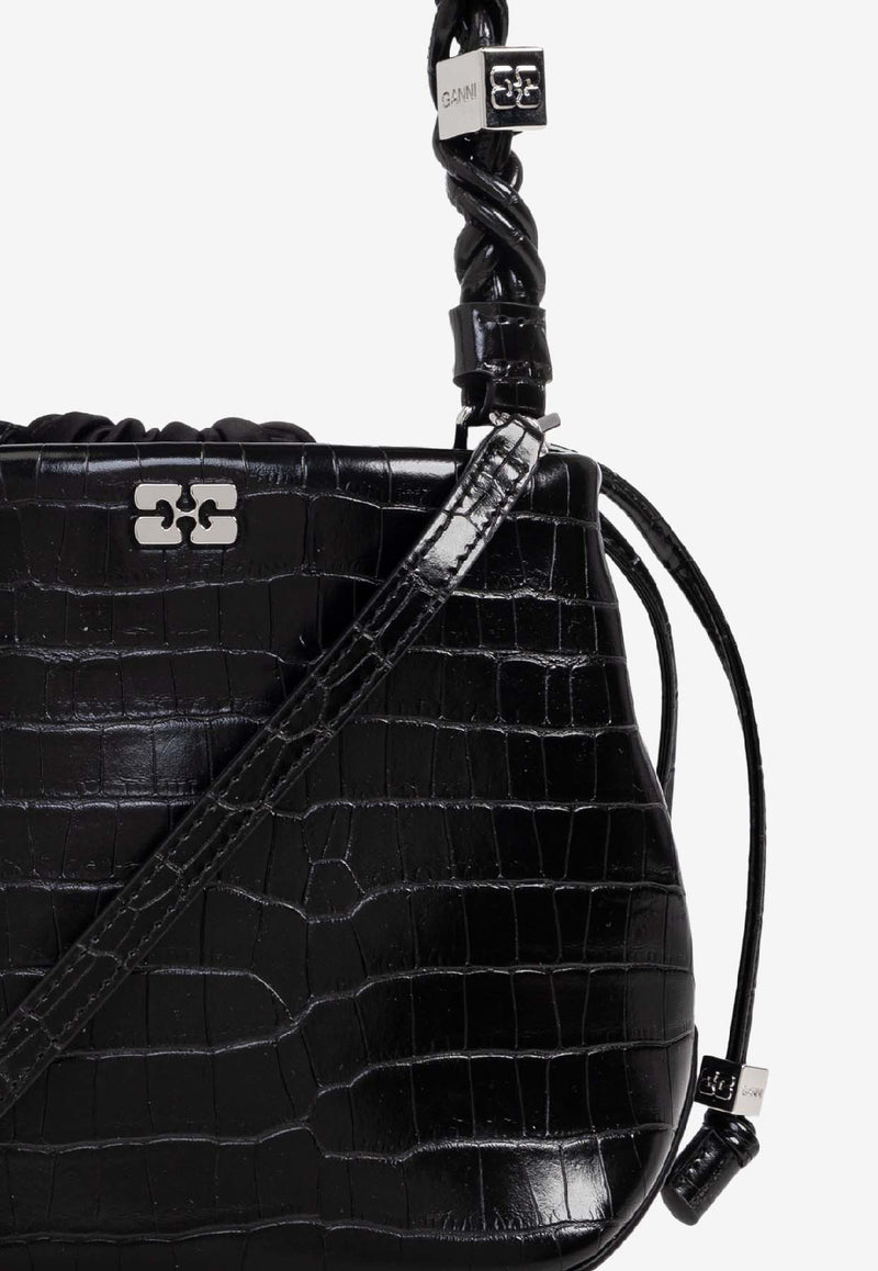 GANNI Bou Croc-Embossed Leather Bucket Bag Black A6965 5894-099