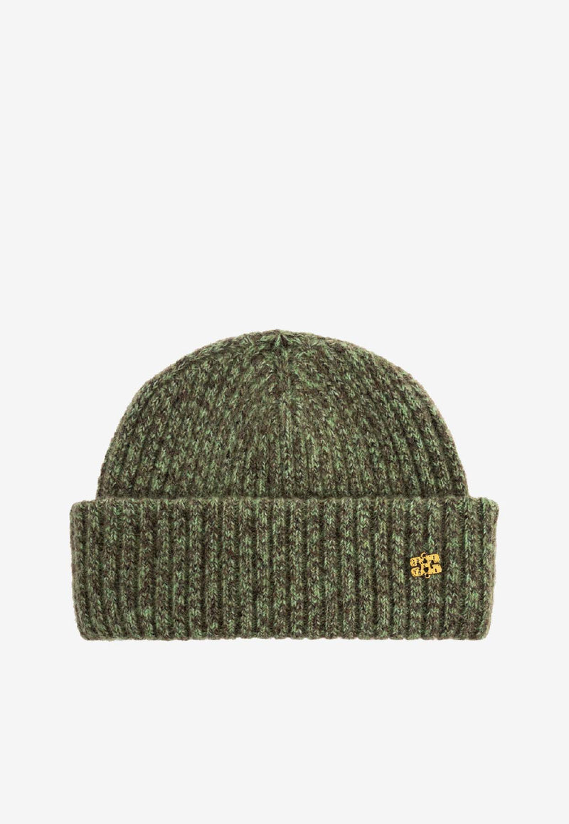 GANNI Knitted Wool Logo Beanie Green A7097 5957-753