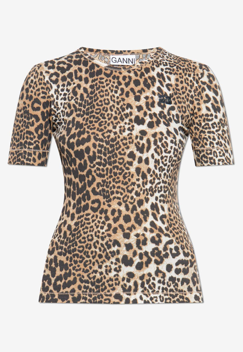 GANNI Leopard Print Slim T-shirt Beige T4405 3675-943