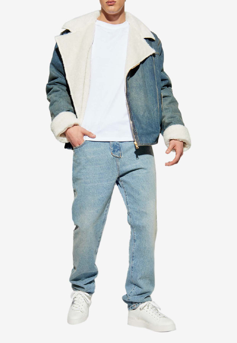Balmain Shearling-Trimmed Denim Jacket Blue FH0TFB01 DG04-SFG