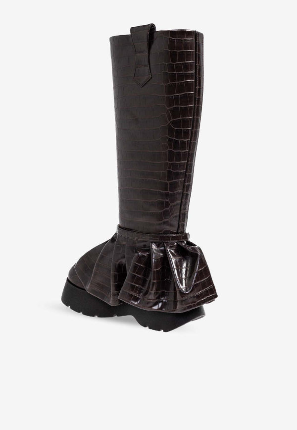 GANNI Croc-Embossed Leather Knee-High Platform Boots Brown S3225 5971-890
