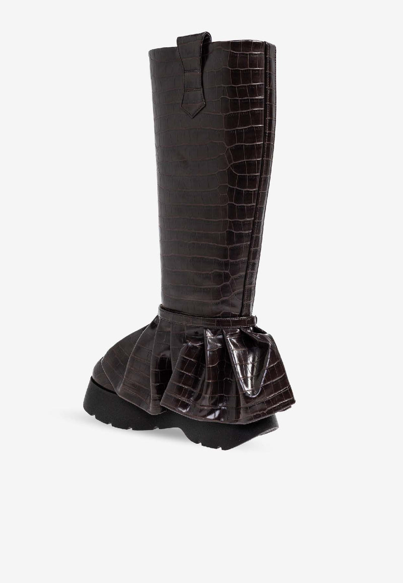 GANNI Croc-Embossed Leather Knee-High Platform Boots Brown S3225 5971-890