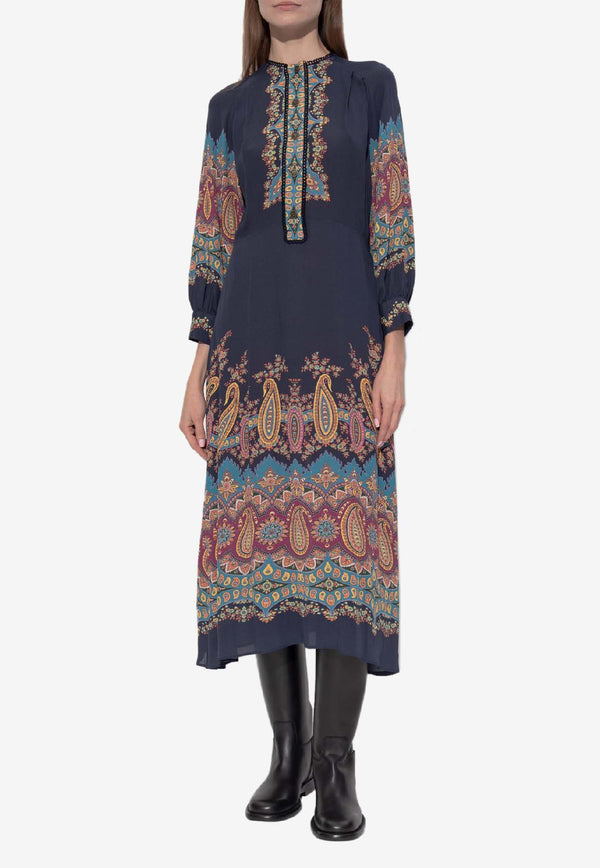 Etro Patterned Midi Long-Sleeved Dress Navy WRHA0431 99SP4G8-X0886
