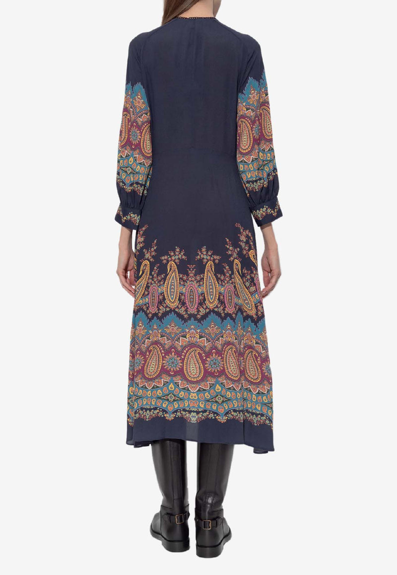 Etro Patterned Midi Long-Sleeved Dress Navy WRHA0431 99SP4G8-X0886