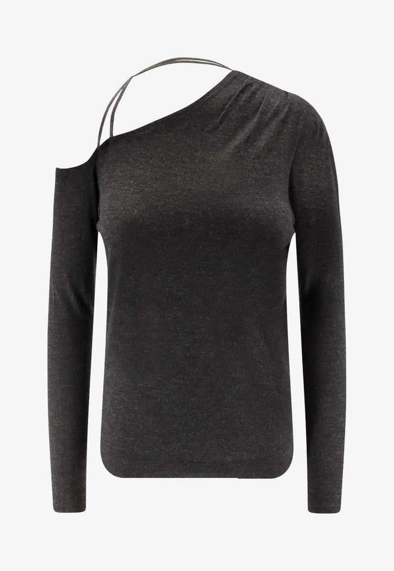 Brunello Cucinelli One-Shoulder Ribbed Sweater Gray M13857309C055_Anthracite_38415063