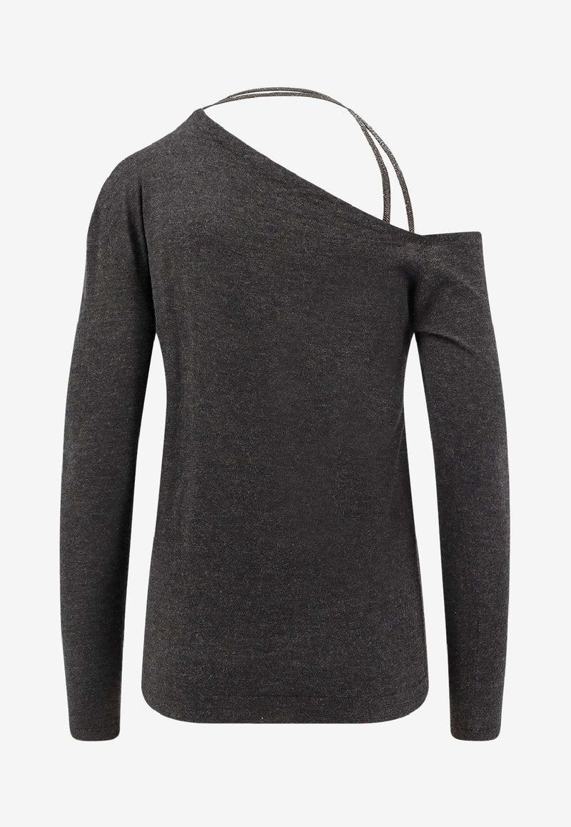 Brunello Cucinelli One-Shoulder Ribbed Sweater Gray M13857309C055_Anthracite_38415063