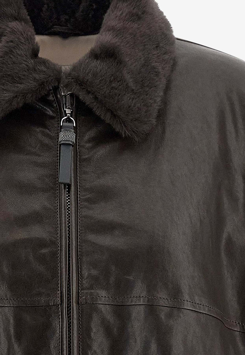 Brunello Cucinelli Aviator Leather Bomber Jacket Brown MPPAH7747C4192_Brown_38415059