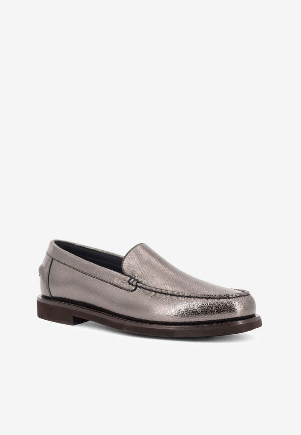 Brunello Cucinelli Laminated Leather Penny Loafers Silver MZDEG2869PC4217_Anthracite_38415172