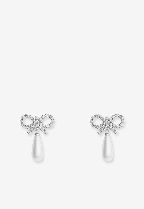 Self-Portrait Bow-Shaped Embellished Pearl Drop Earrings Silver RS26631EPPEARL_PEARL_42176935