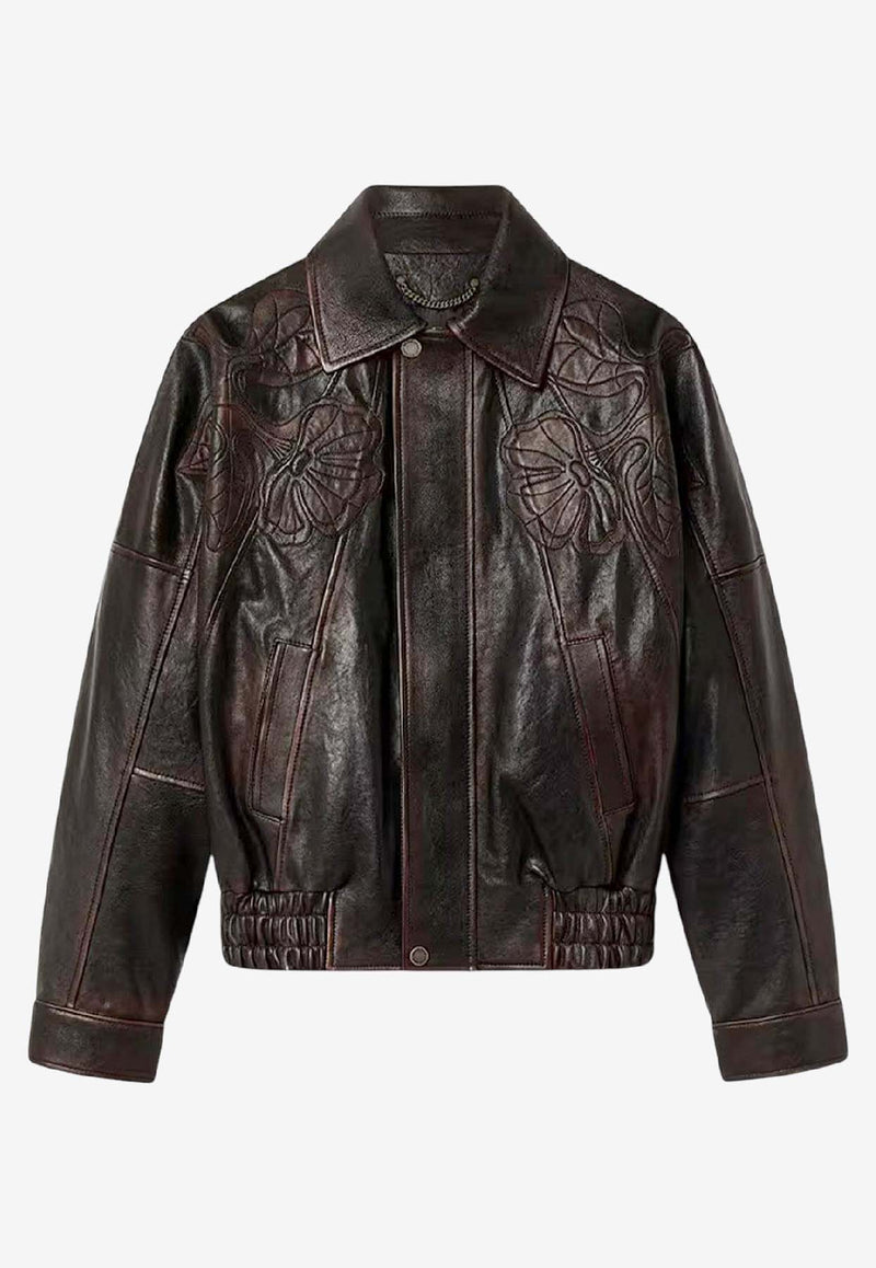 Golden Goose DB Floral Embroidered Jacket in Vintage Leather Brown GWP02560P00230040249_PORT ROYALE_41114617