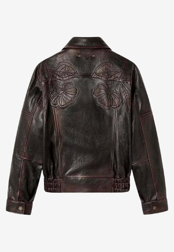 Golden Goose DB Floral Embroidered Jacket in Vintage Leather Brown GWP02560P00230040249_PORT ROYALE_41114617