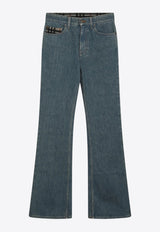 Check-Pattern Pocket Flare Jeans