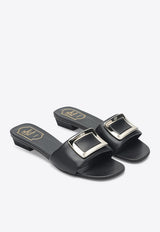 Square Buckle Leather Flat Sandals