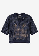 Brunello Cucinelli Embellished Polo Knit Top Navy MCBR11805C7186_COOL BLUE_40000156
