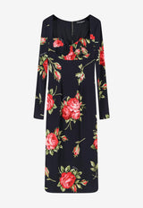 Dolce & Gabbana Rose Bouquet Print Midi Dress Black F610FTFSICDHN5ZN_BOUQUET ROSE NERO_40005349