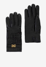 Elisabetta Franchi Croc-Embossed Leather Gloves Black GU05R56E2_110