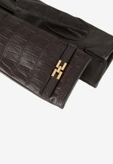 Elisabetta Franchi Croc-Embossed Leather Gloves Brown GU05R56E2_EA3