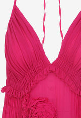 Drina Gathered Floral Applique Midi Dress