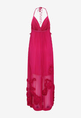 Drina Gathered Floral Applique Midi Dress