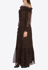 Self-Portrait Off-Shoulder Georgette Maxi Dress Brown RS26156XA--BROWN