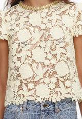 Self-Portrait Lace Crewneck Top Yellow SS26096TAY--YELLOW