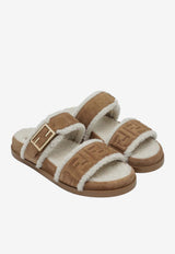 Fendi Feel FF Jacquard Suede and Shearling Slides Brown 8X8710AY9R/R_FENDI-F1TOO