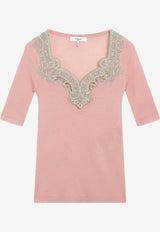 Chloé Guipure Lace-Trimmed Wool Knit Top Pink CH26UMP31665/S_CHLOE-6B4