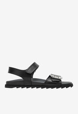 Roger Vivier Crystal Buckle Leather Rubber Slides Black RVW4584469091T/S_ROGVI-B999