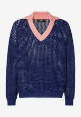 Fendi V-neck Open Knit Sweater Blue FZE077AYY3/S_FENDI-F1A9C