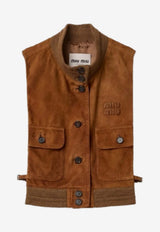 Miu Miu Logo Patch Suede Leather Vest Brown MPT318SOOO19ML_F0046