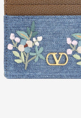 Floral Embroidered VLogo Denim Cardholder