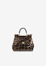 Dolce & Gabbana X Kim Small Sicily Leopard Print Polished Leather Handbag Brown BB6003 AM568-HA93M