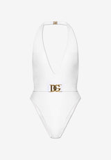 Dolce & Gabbana Deep V-neck Belted One-Piece Swimsuit White O9B74J ONO12-W0800