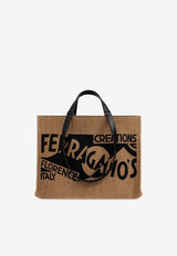 Ferragamo Logo Canvas Tote Bag Beige 219406 TT SIGN M 773823-MIELE NERO