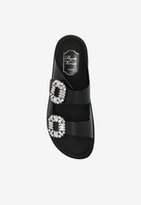 Roger Vivier Slidy Viv' Crystal Buckle Leather Slides Black RVW45818820BSS 0-B999