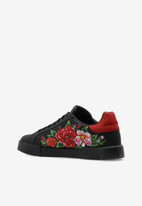 Dolce & Gabbana Portofino Floral Print Leather Sneakers Black CK2330 AN257-HN5PD