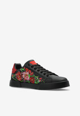 Dolce & Gabbana Portofino Floral Print Leather Sneakers Black CK2330 AN257-HN5PD