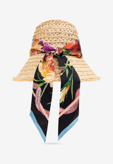 Dolce & Gabbana Straw Hat with Printed Silk Ribbon Beige FH672A GDC8A-S9000
