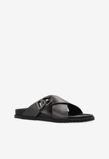 Dolce & Gabbana Cross-Strap Logo Leather Slides Brown A80525 A9Q67-8H042