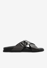 Dolce & Gabbana Cross-Strap Logo Leather Slides Brown A80525 A9Q67-8H042