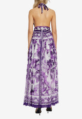 Dolce & Gabbana Silk Majolica Print Halterneck Maxi Dress Purple F6TYTT HI1BX-IP3TN