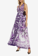 Dolce & Gabbana Silk Majolica Print Halterneck Maxi Dress Purple F6TYTT HI1BX-IP3TN